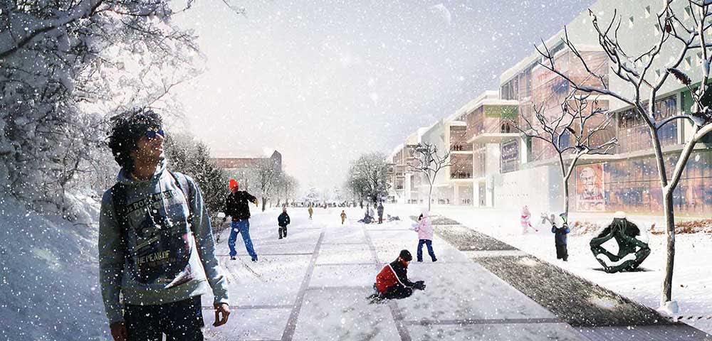 Winter street render with a person in a hooded jacket in the foreground, snow falling, and low buildings and figures behind
