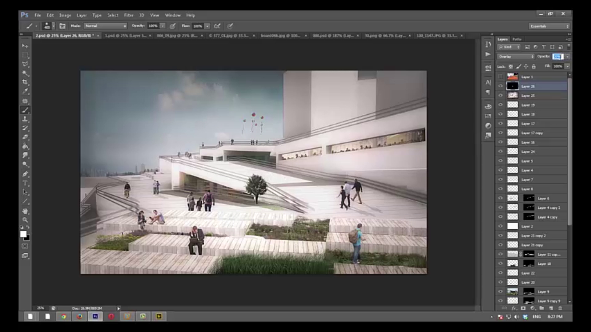 Screenshot of an image-editing program with a render of a white plaza and stepped building open in the canvas and a long list of layers on the right