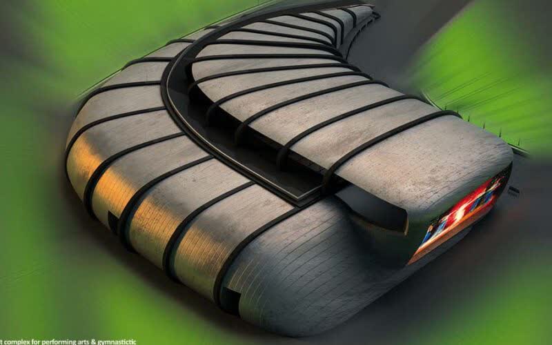 Render of a curved performing-arts building with a ribbed dark timber shell, seen from above against a green ground