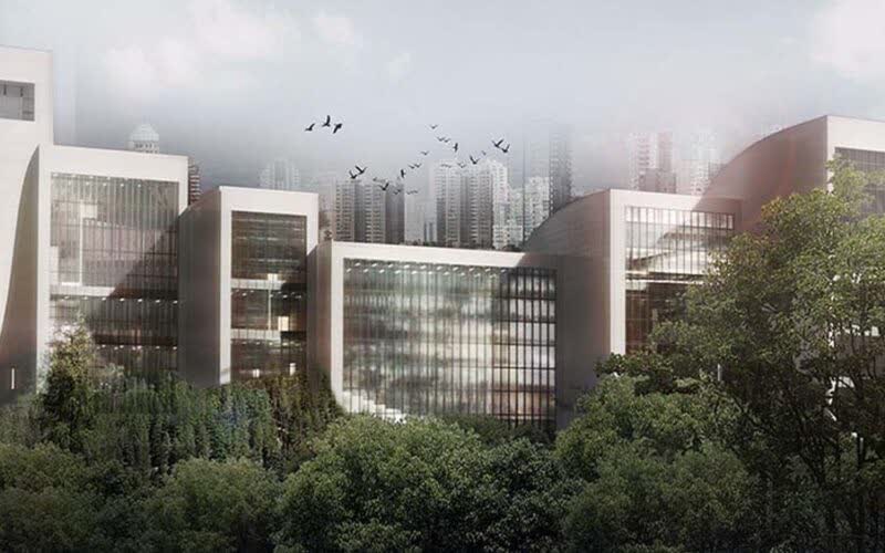 Misty render of a music centre made of stacked white boxes with tall glazed facades, rising above a line of trees with birds overhead
