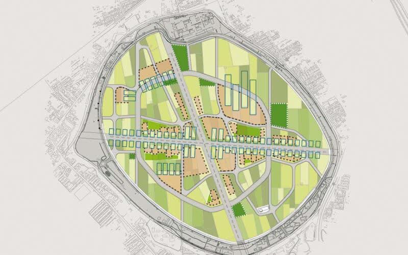 Hand-drawn master plan of an oval former airfield filled with green fields, building blocks and looping roads