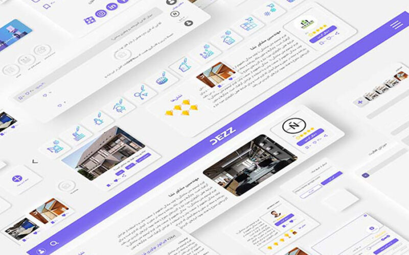 Isometric arrangement of overlapping mobile app screens in white and purple, showing listings, photos and rating stars for the Dezz platform
