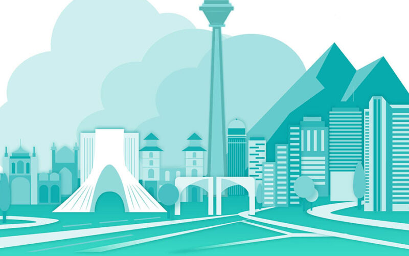 Flat teal illustration of the Tehran skyline with Azadi Tower, Milad Tower and mountains under stylised clouds