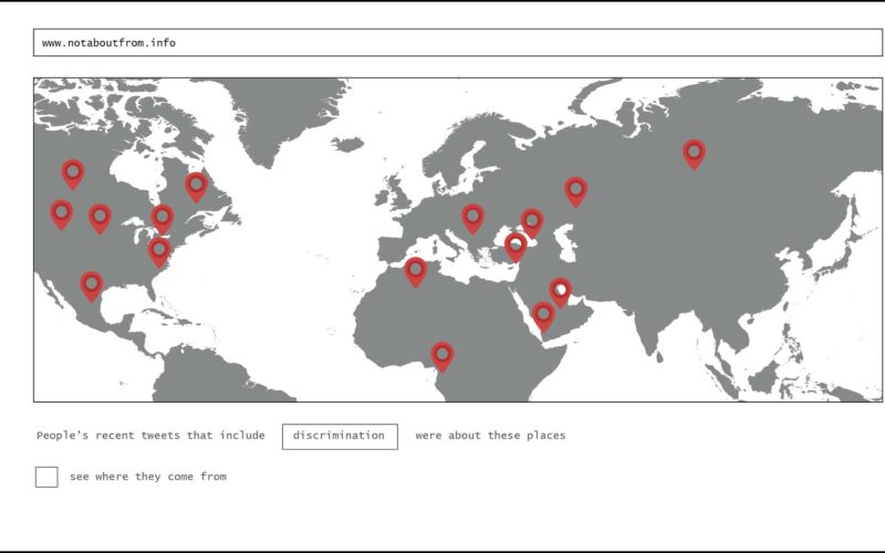Web page mock-up showing a grey world map with red location pins and the caption that recent tweets including the word discrimination were about these places