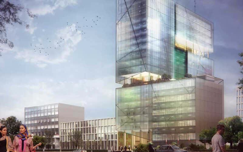 Render of a glass office tower of shifted stacked blocks above a lower stone-clad base, with pedestrians in the foreground