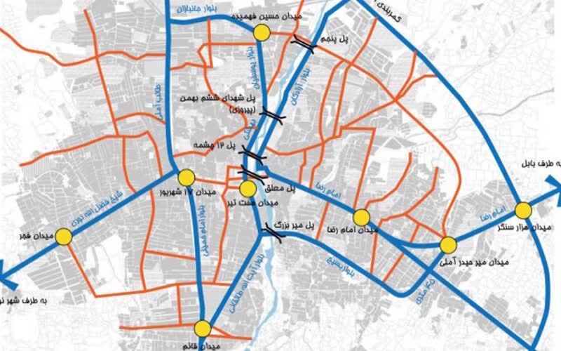 Street map of Amol with main roads drawn in thick blue and orange lines, yellow circles at key squares and place names in Persian