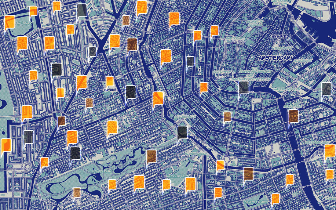 Dark blue figure-ground map of central Amsterdam with canals in pale green and dozens of small orange photograph markers scattered across it