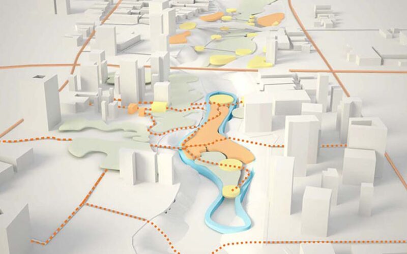 White massing model of a city with a winding blue river valley and orange and yellow planning zones, criss-crossed by dotted red routes