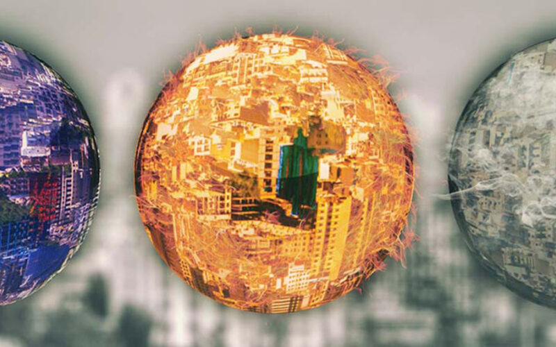 Three spheres collaged from aerial photographs of Tehran, the central one glowing orange, floating against a blurred cityscape
