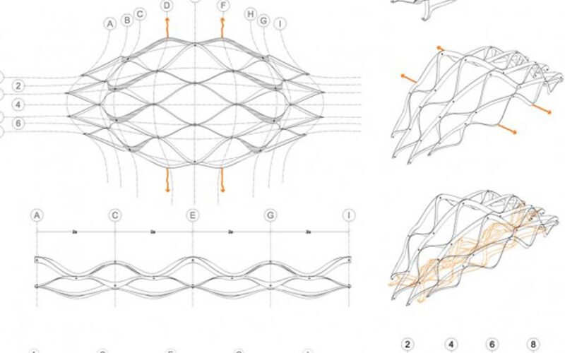 Technical drawings of a folding lattice structure, with a grid of lettered and numbered axes, wave-shaped section lines and small orange arrows showing movement