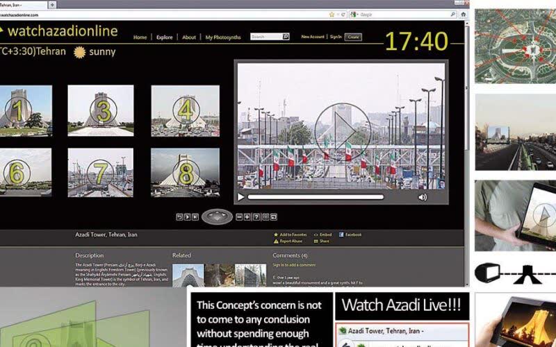 Mock-up of a website called Watch Azadi Online showing a live video player, a grid of numbered camera views of Azadi Tower and a Tehran weather widget