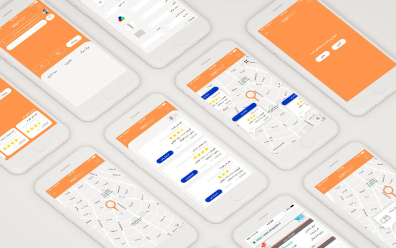 Grid of white smartphones showing orange and white app screens with maps, order lists and a sign-in page