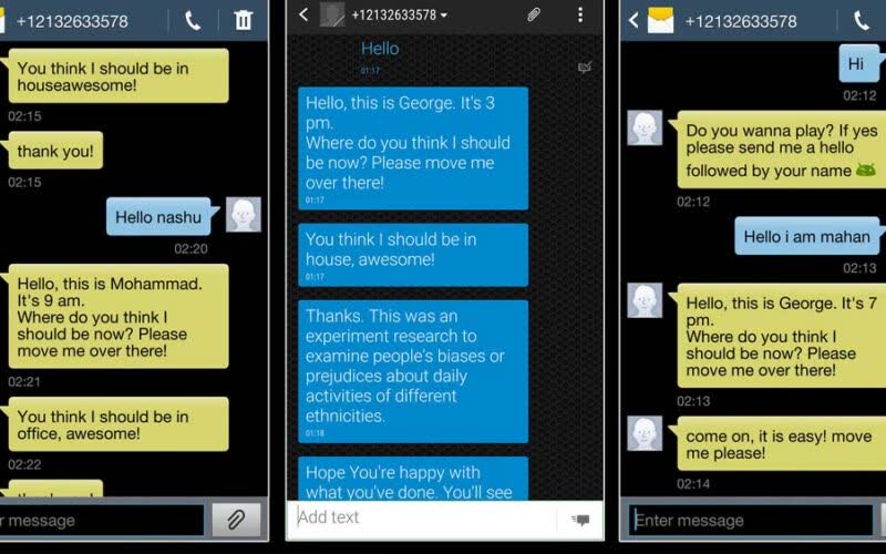 Three phone screenshots of text-message conversations in which a person is told where they should be at a given hour of the day