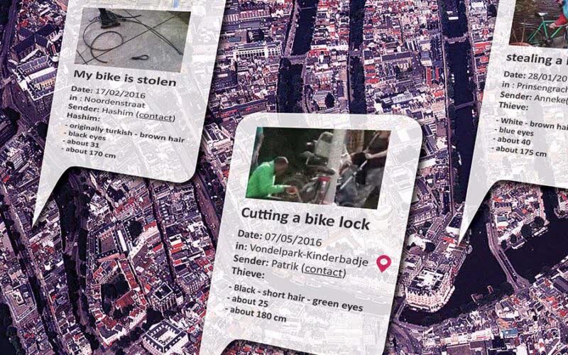 Aerial photograph of Amsterdam streets overlaid with paper-style speech bubbles reporting stolen bikes, each with a date, location and description of the thief
